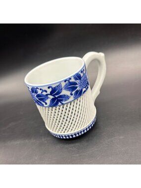 Vintage Mug Blue White Floral Lattice Japanese Imari Arita Porcelain Coffee Cup